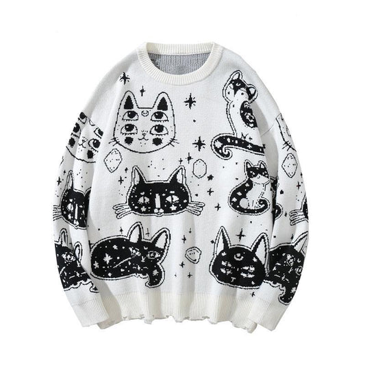 Black and White Cats Knitted Jumpers Casual Sweater